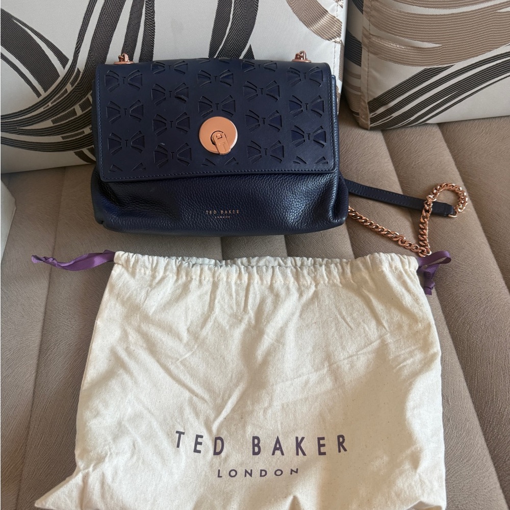 Ted Baker Navy Leather Crossbody with Rose Gold Chain Detail